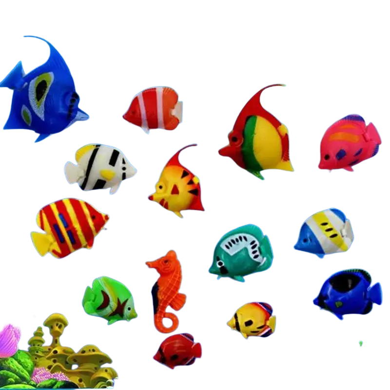 A set of colorful plastic floating fish and seahorse aquarium fish decor for vibrant moving floating fish display
