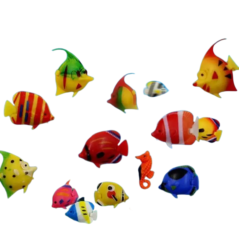 A vibrant pack of 10 colorful plastic floating fish and a seahorse for aquarium fish decor with moving floating fish feature