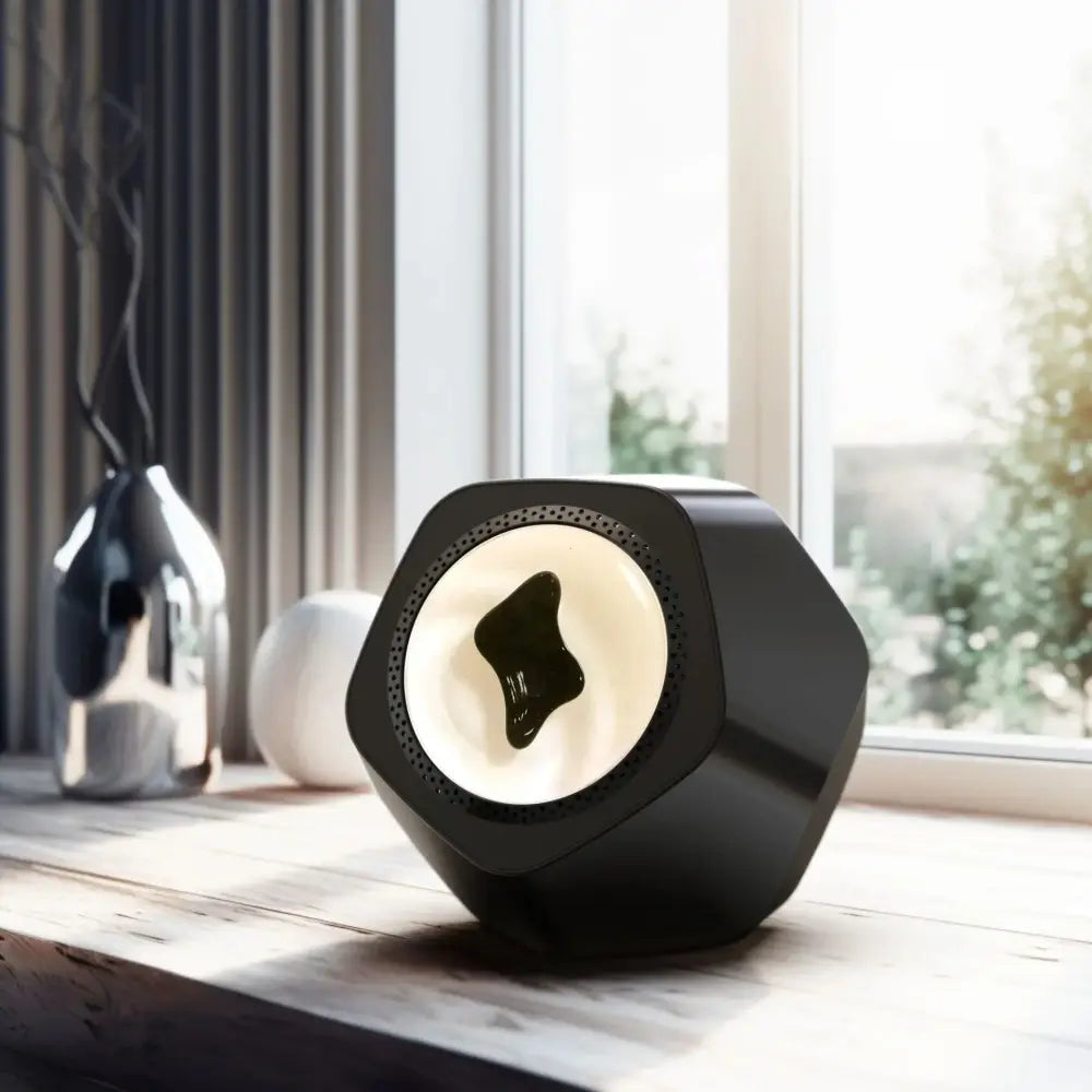 Black hexagonal magnetic fluid bluetooth speaker with glowing white center and dark abstract shape inside