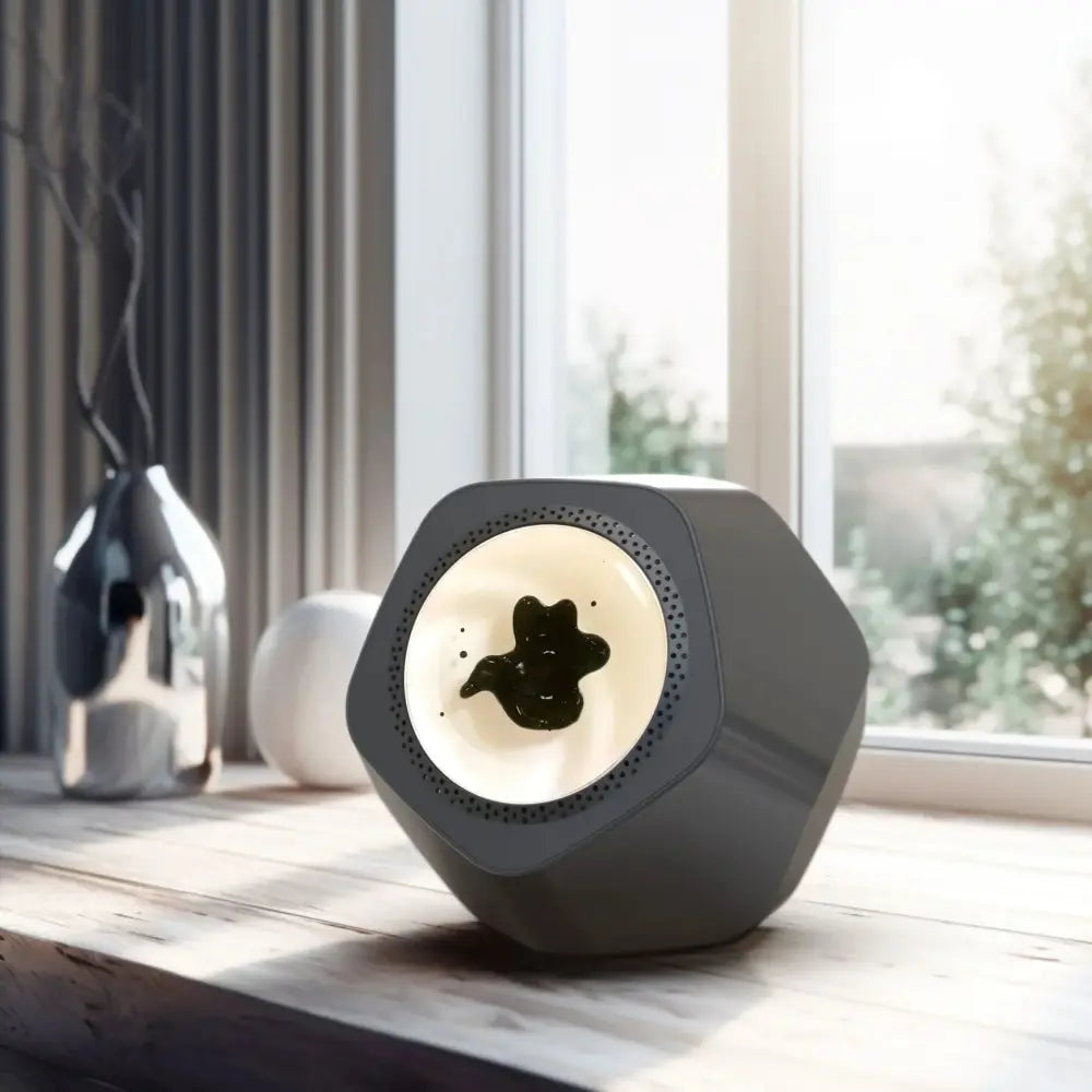 A sleek matte black hexagonal magnetic fluid bluetooth speaker and visualizer with a circular white front panel and liquid droplet design