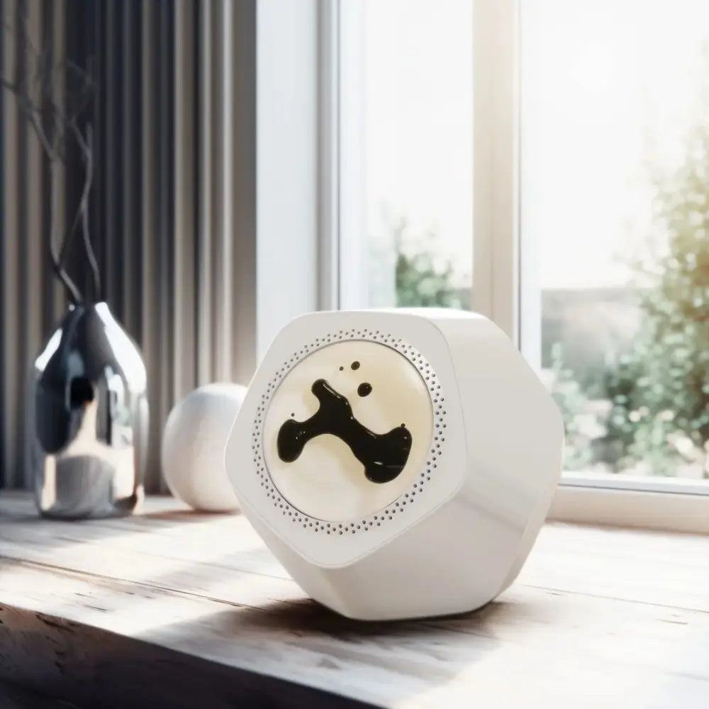 White hexagonal magnetic fluid bluetooth speaker with black abstract logo on front panel and visualizer feature