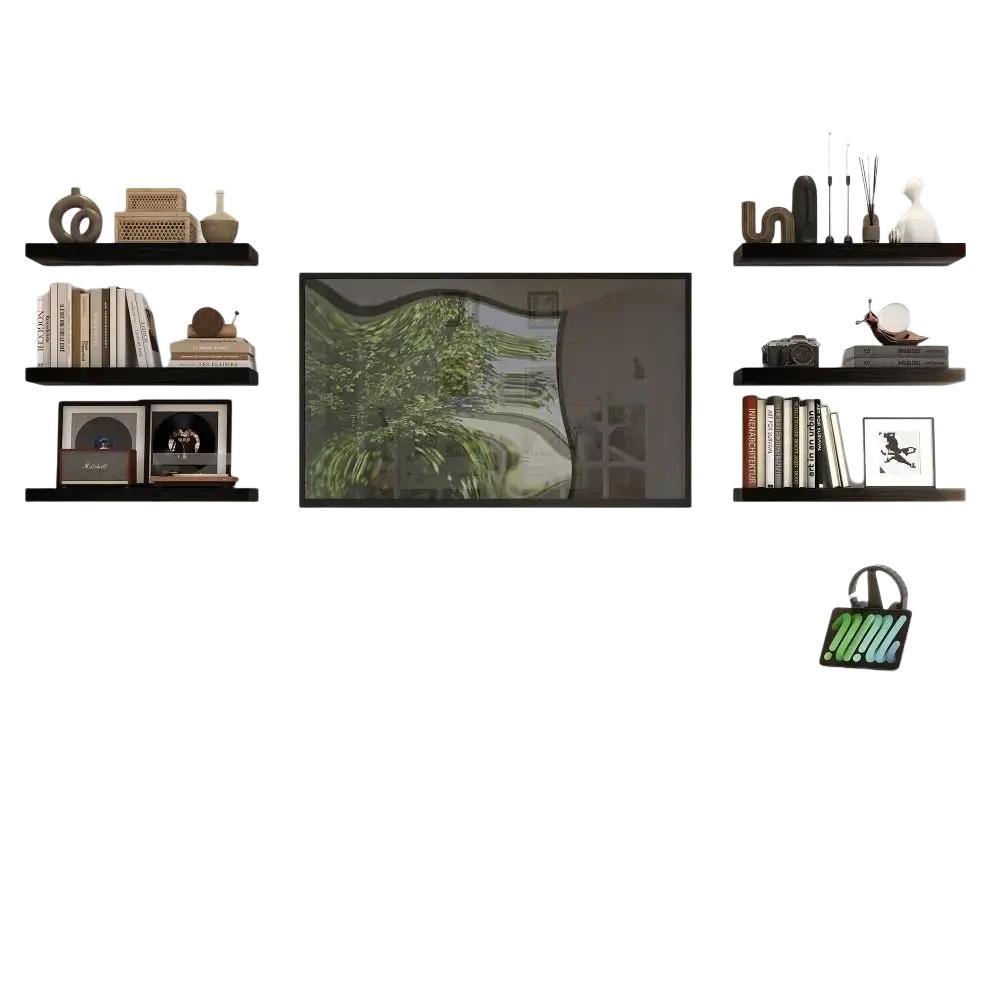 Black-framed abstract landscape painting with green foliage above wooden floating shelf for living room display
