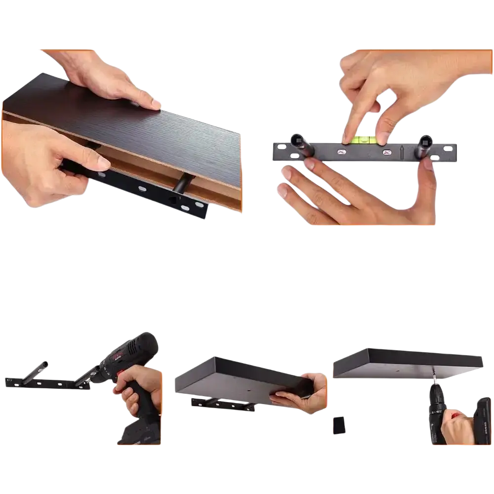 Black metal floating shelf with sleek modern design and matte finish for living room wall mounted storage display