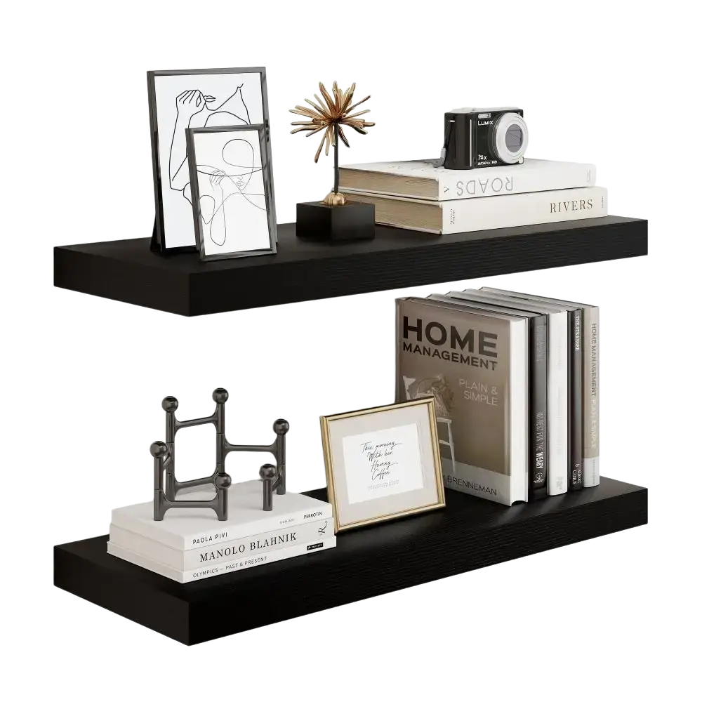 Black wooden floating shelves with sleek minimalist design for wall mounted storage package includes two shelves