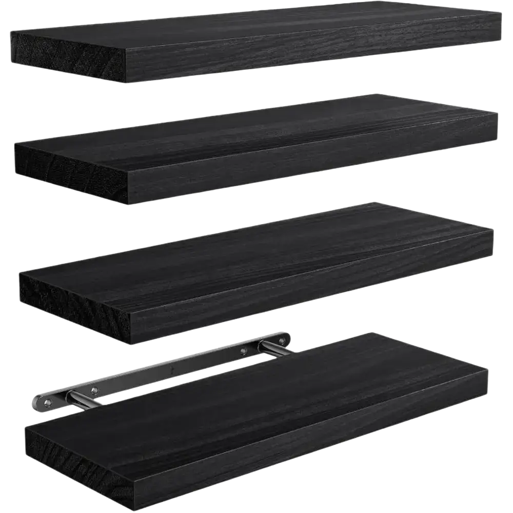 Black floating shelves with wood grain finish and metal brackets for wall mounted storage package includes two shelves