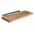 Rustic wooden floating shelf with natural wood grain finish and black metal brackets for living room storage display