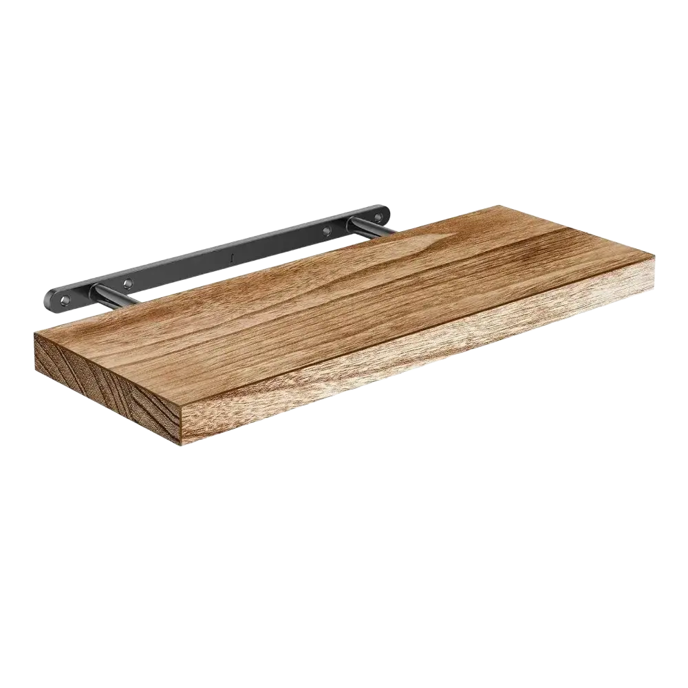 Rustic wooden floating shelf with natural wood grain finish and black metal brackets for living room storage display