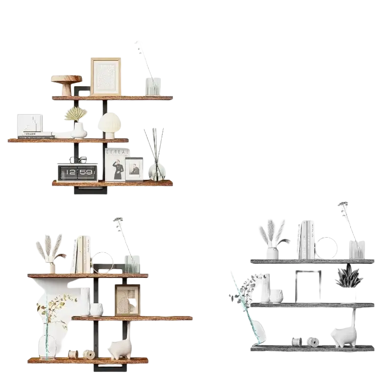 Adjustable wooden floating shelves with black metal brackets for wall decor and versatile storage solutions
