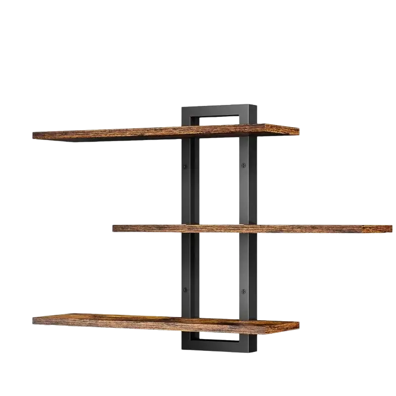Industrial-style floating shelves with three rustic wood tiers and black metal frame for wall decor and adjustable storage
