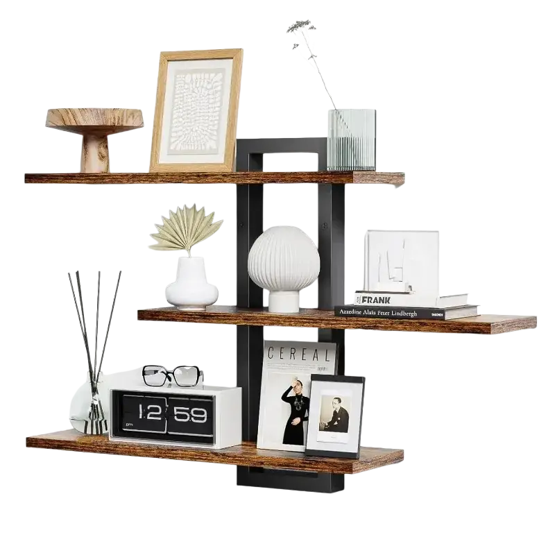 Modern floating shelves with dark wood finish and black metal frame for adjustable storage and stylish wall decor