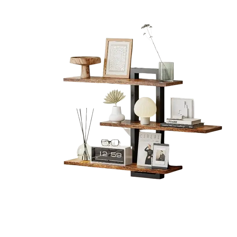 Rustic wooden floating shelves with black metal brackets for adjustable storage and wall decor in a 3 tier design