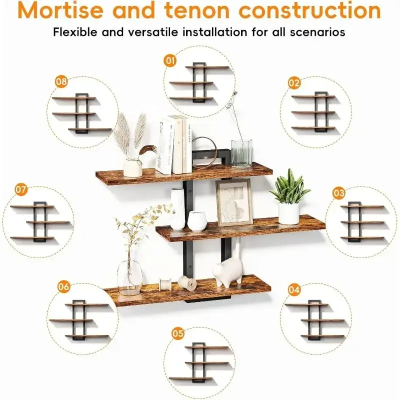 Set of three rustic wooden floating shelves with black metal brackets for adjustable storage and wall decor