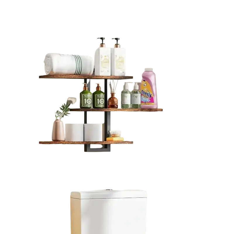 Three-tiered floating shelves wood wall decor with black metal supports for adjustable storage of toiletries and towels