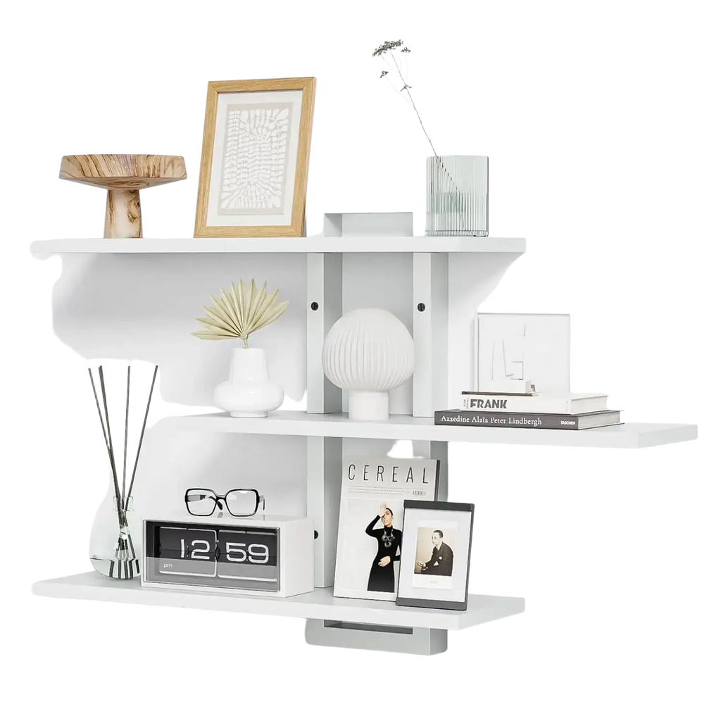 White floating shelves 3 tier wood wall decor with minimalist design and sleek vertical supports for adjustable storage and wall decor