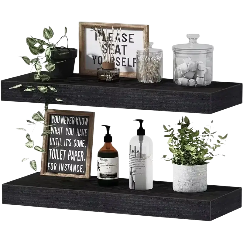 Black floating shelves with wood grain finish designed for living room wood wall display and organization