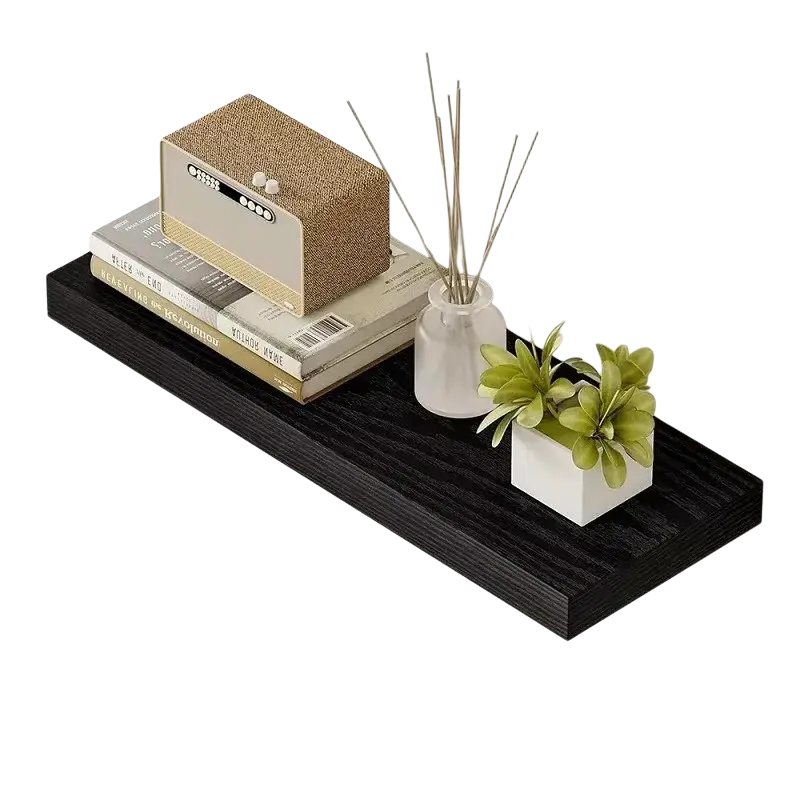 Black floating shelves with wood grain finish for living room wood wall display and decor