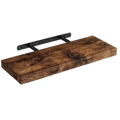 Dark brown rustic wood floating shelves with black metal brackets for living room wall display