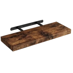 Dark brown rustic wood floating shelves with black metal brackets for living room wall display