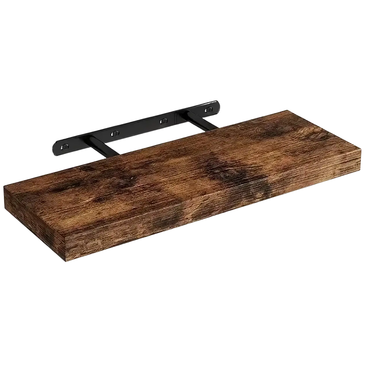 Dark brown rustic wood floating shelves with black metal brackets for living room wall display