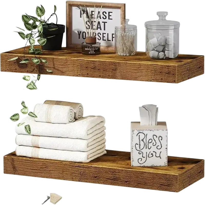 Rustic wooden floating shelves with natural grain and knots for living room wood wall display