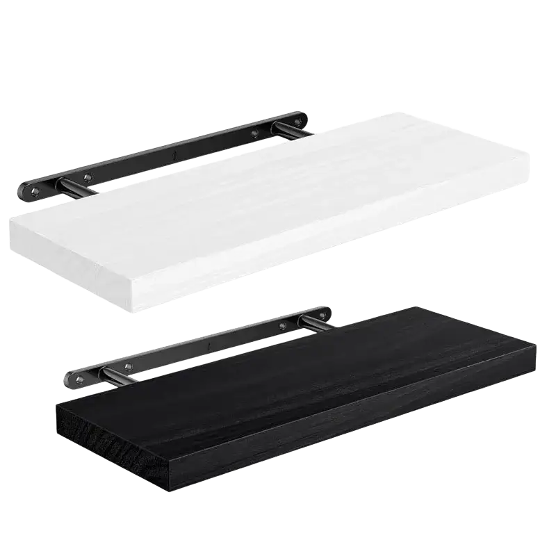 White and black wood floating shelves with sleek metal brackets for living room wall display and storage