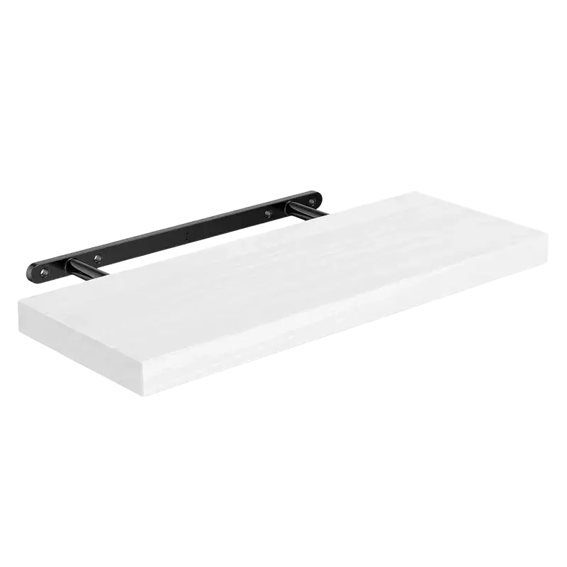 White wood floating shelves with black metal brackets for living room wall display minimalist design