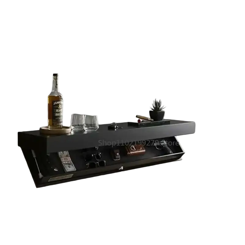 Black wall mounted floating shelves with hidden storage compartment for discreet organization and modern decor