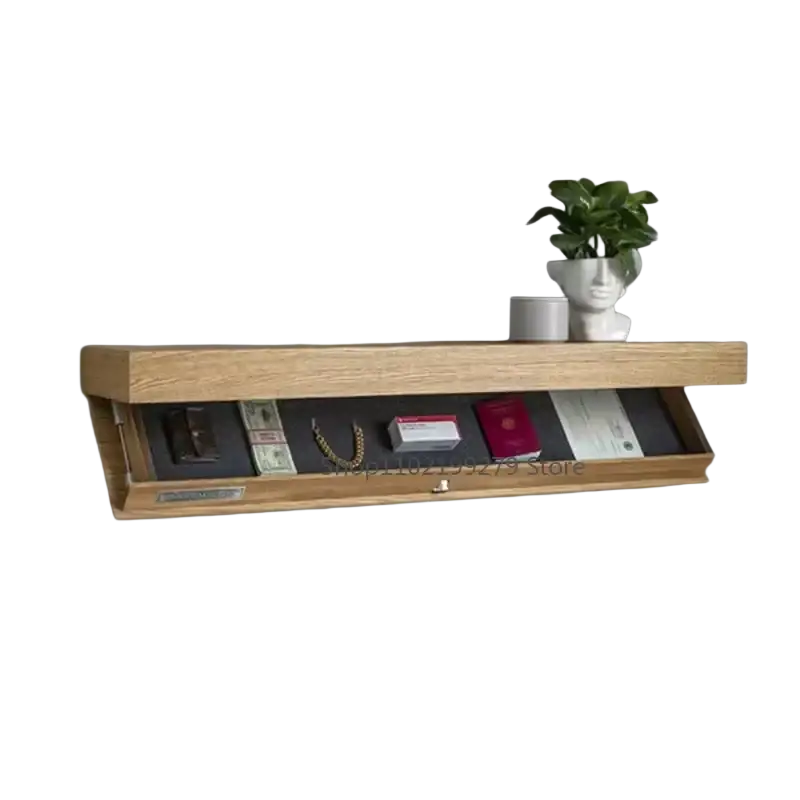 Light oak wall mounted floating shelves with hidden compartment featuring dark gray interior and metallic hardware