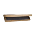Light oak wooden wall mounted floating shelves with hidden compartment and dark interior with brass hardware