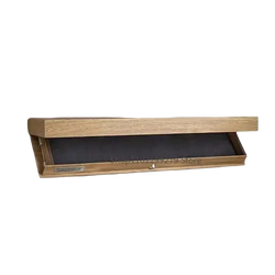 Light oak wooden wall mounted floating shelves with hidden compartment and dark interior with brass hardware