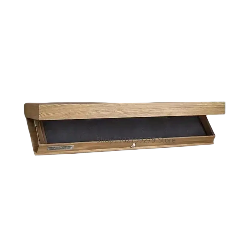 Light oak wooden wall mounted floating shelves with hidden compartment and dark interior with brass hardware
