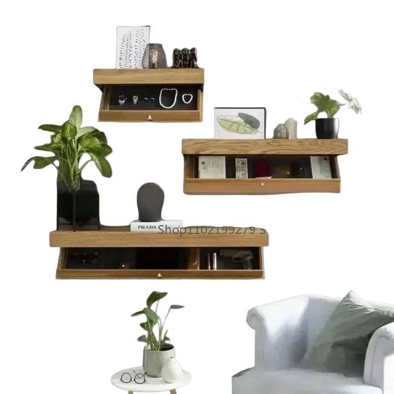 Light oak wooden wall mounted floating shelves with integrated hidden compartment drawers for organized storage