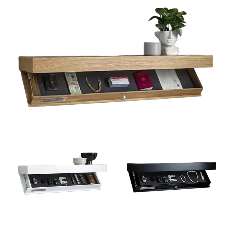 Wooden wall mounted floating shelves with a hidden compartment featuring sleek black interior for secure storage