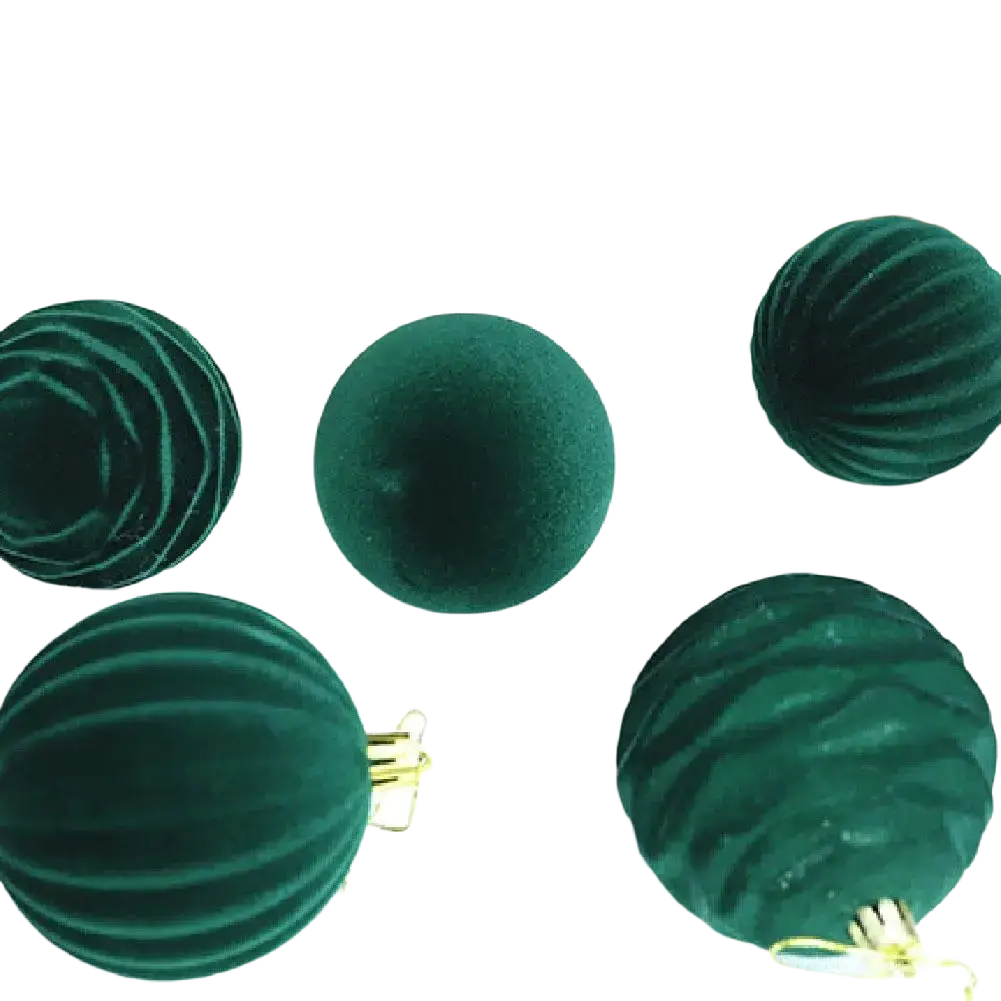 Deep emerald green velvet flocked christmas balls with ribbed texture and gold-tone hanging hooks 12 pcs assortment