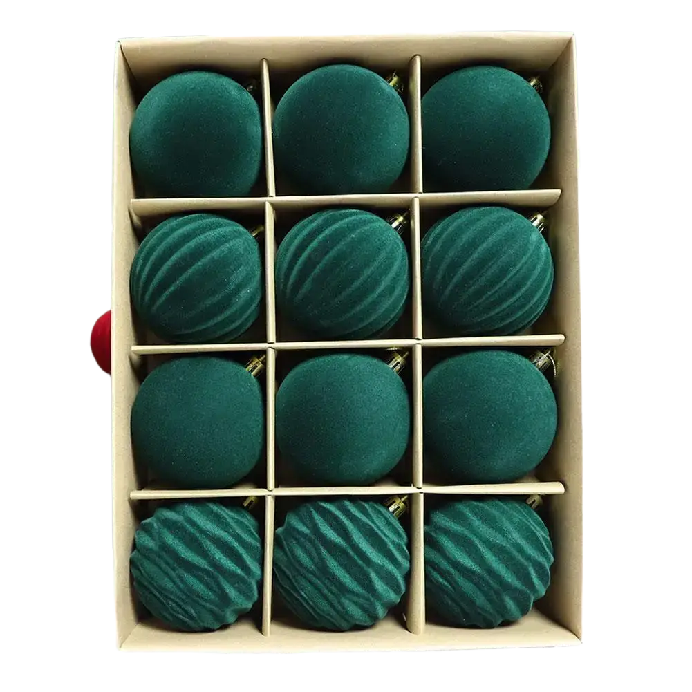 Deep emerald velvet flocked christmas balls with ribbed and smooth textures in a cardboard display box 12 pcs