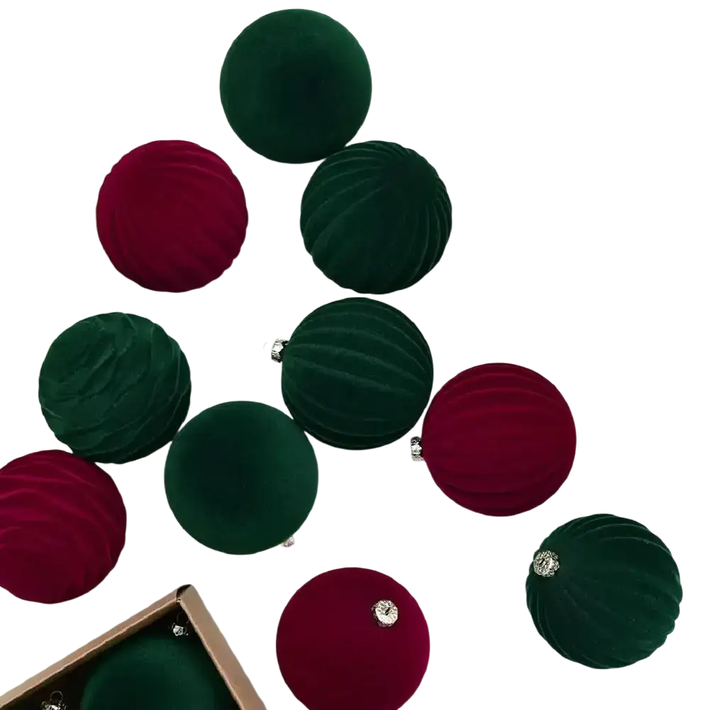 Flocked christmas balls in deep red and emerald green velvet with plush ribbed texture and silver caps, 12 pcs assortment