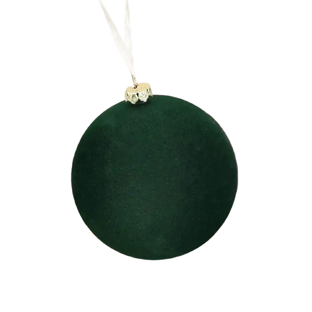 Deep green velvet flocked christmas ball with gold faceted cap and white string for hanging from green assortment 12 pcs