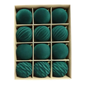 Set of twelve emerald green flocked christmas balls made of velvet with ribbed texture and gold caps for holiday decor