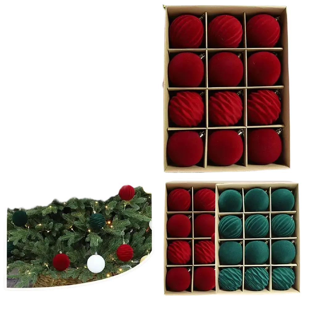 Set of 12 flocked christmas balls in red green and white velvet with textured surfaces for festive decor