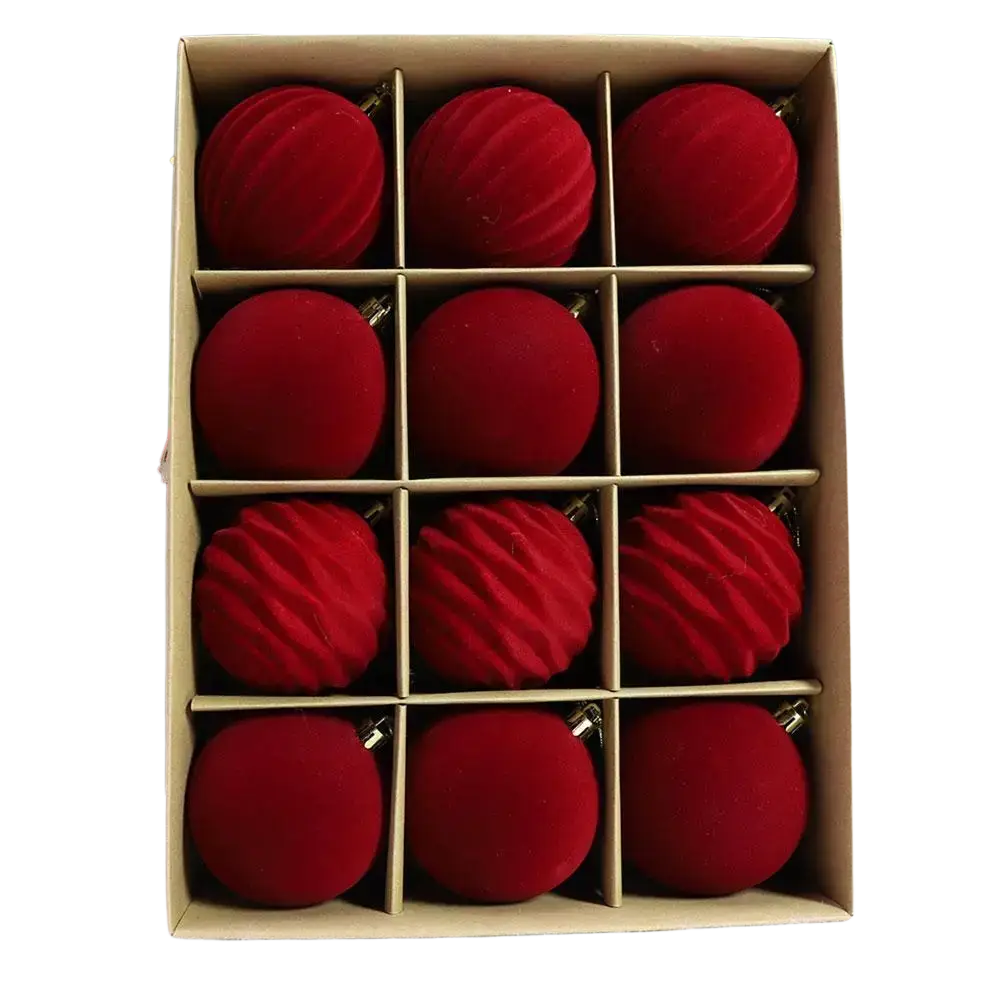 Set of nine vibrant red velvet flocked christmas balls with ribbed texture and gold caps for holiday decoration