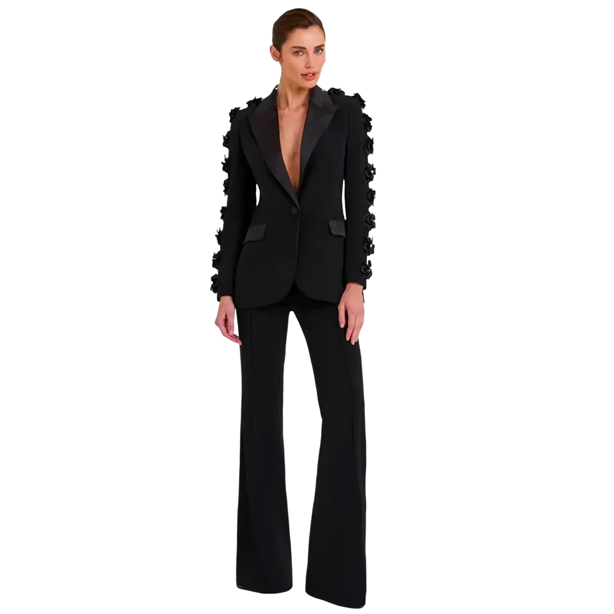 Floral 3d applique black pant suit features a black blazer with floral embellishments along shoulders and sleeves