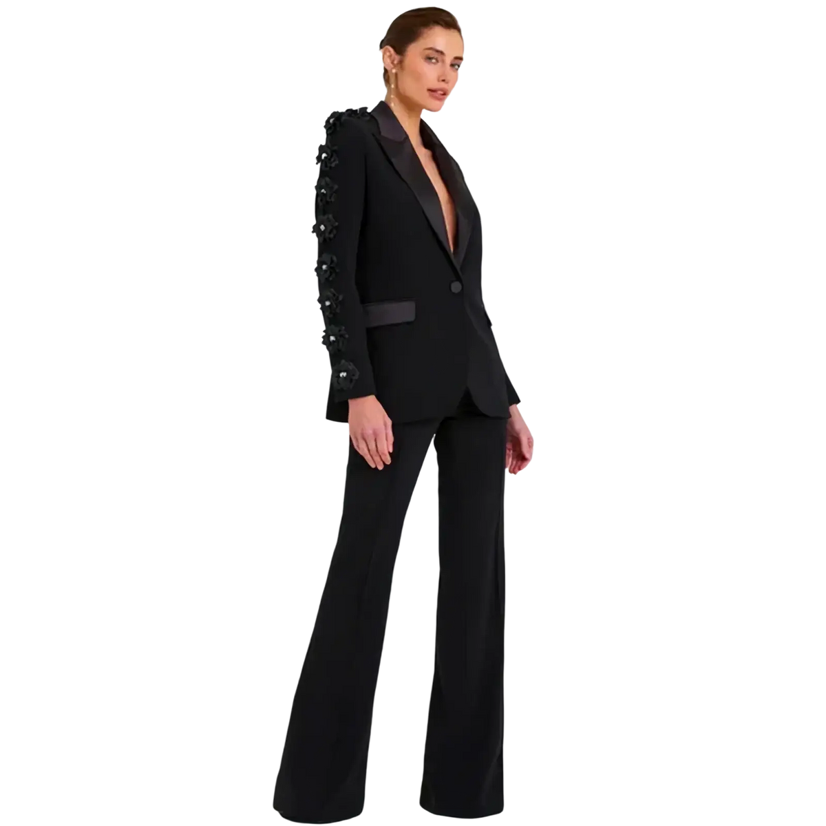 Black blazer from floral 3d applique pant suit featuring floral embellishments on the sleeve for formal wear
