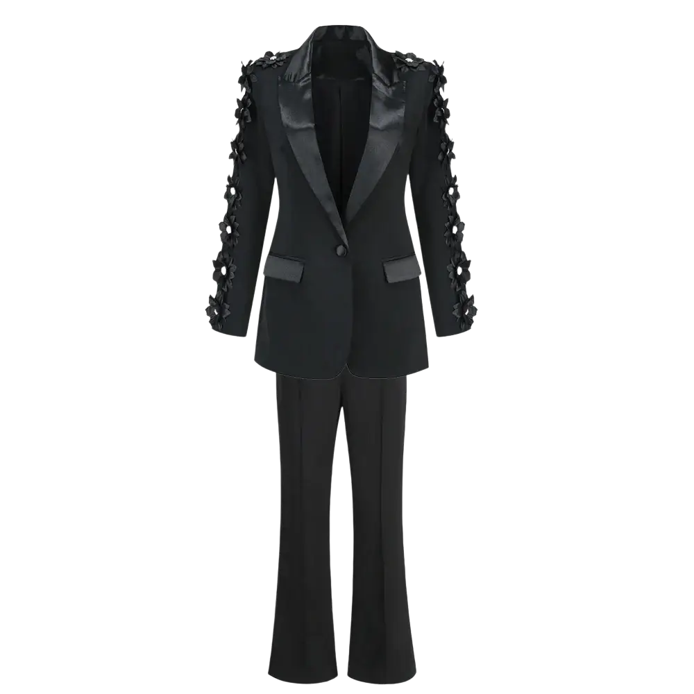 Black floral 3d applique pant suit with satin lapel blazer and matching flared trousers