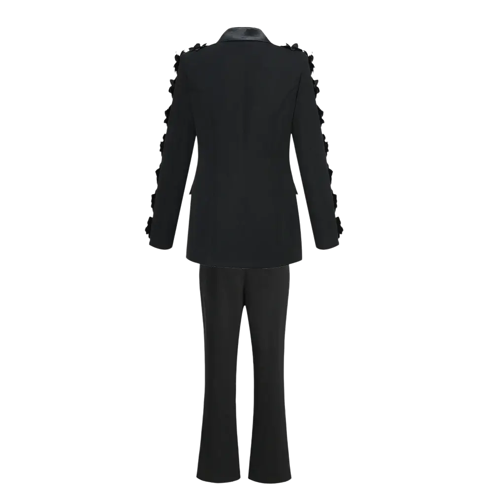 Black tailored pant suit featuring floral 3d applique embellishments on shoulders and sleeves