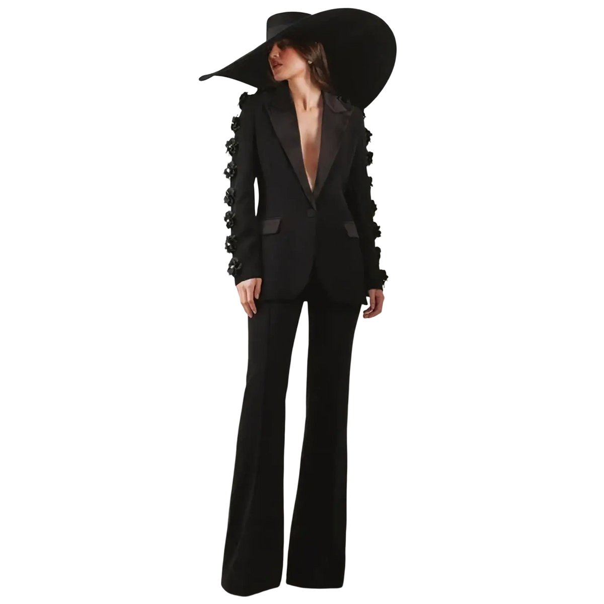 Black tailored pant suit blazer with floral 3d applique embellishments along the sleeves in a formal design