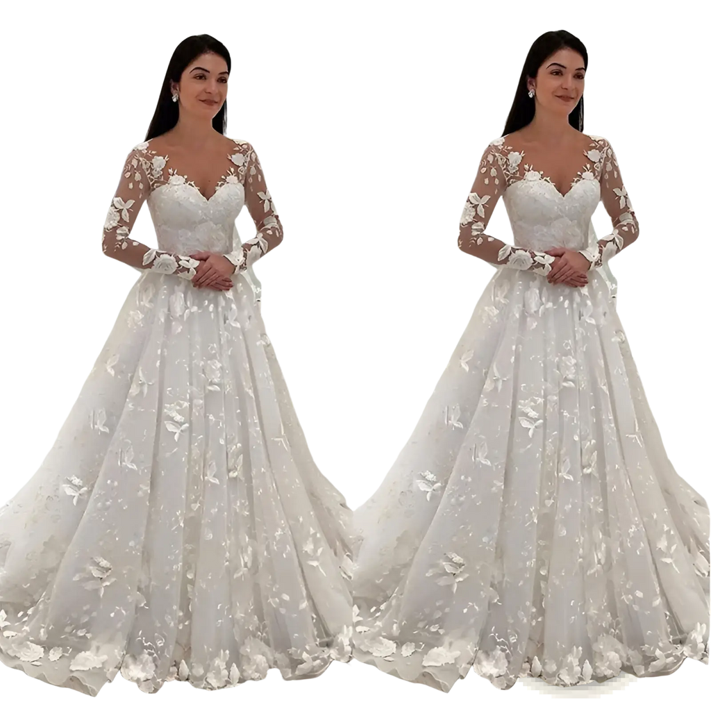 A white lace wedding gown with long sheer sleeves and floral appliqués for bridal wear