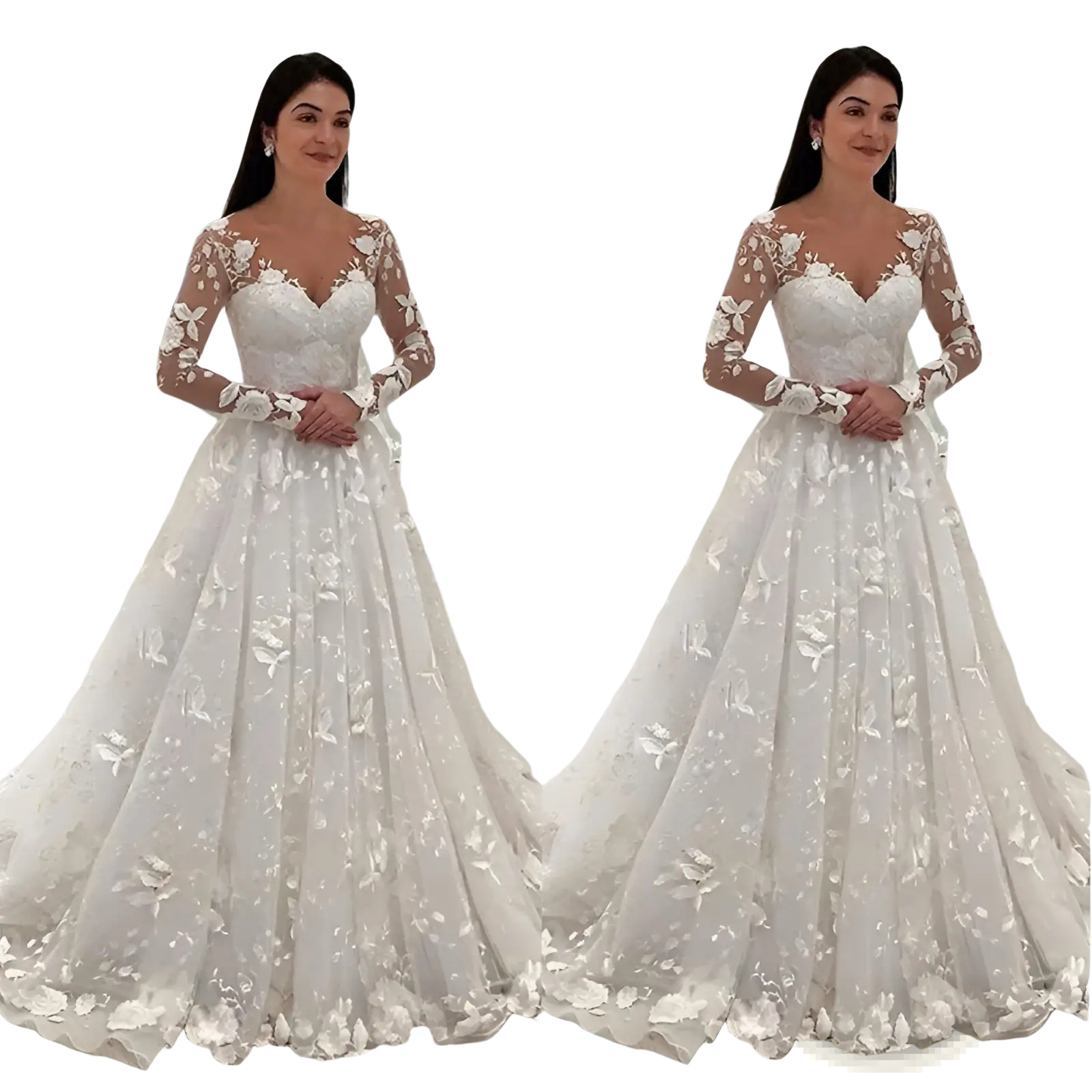 A white lace wedding gown with long sheer sleeves and floral appliqués for bridal wear