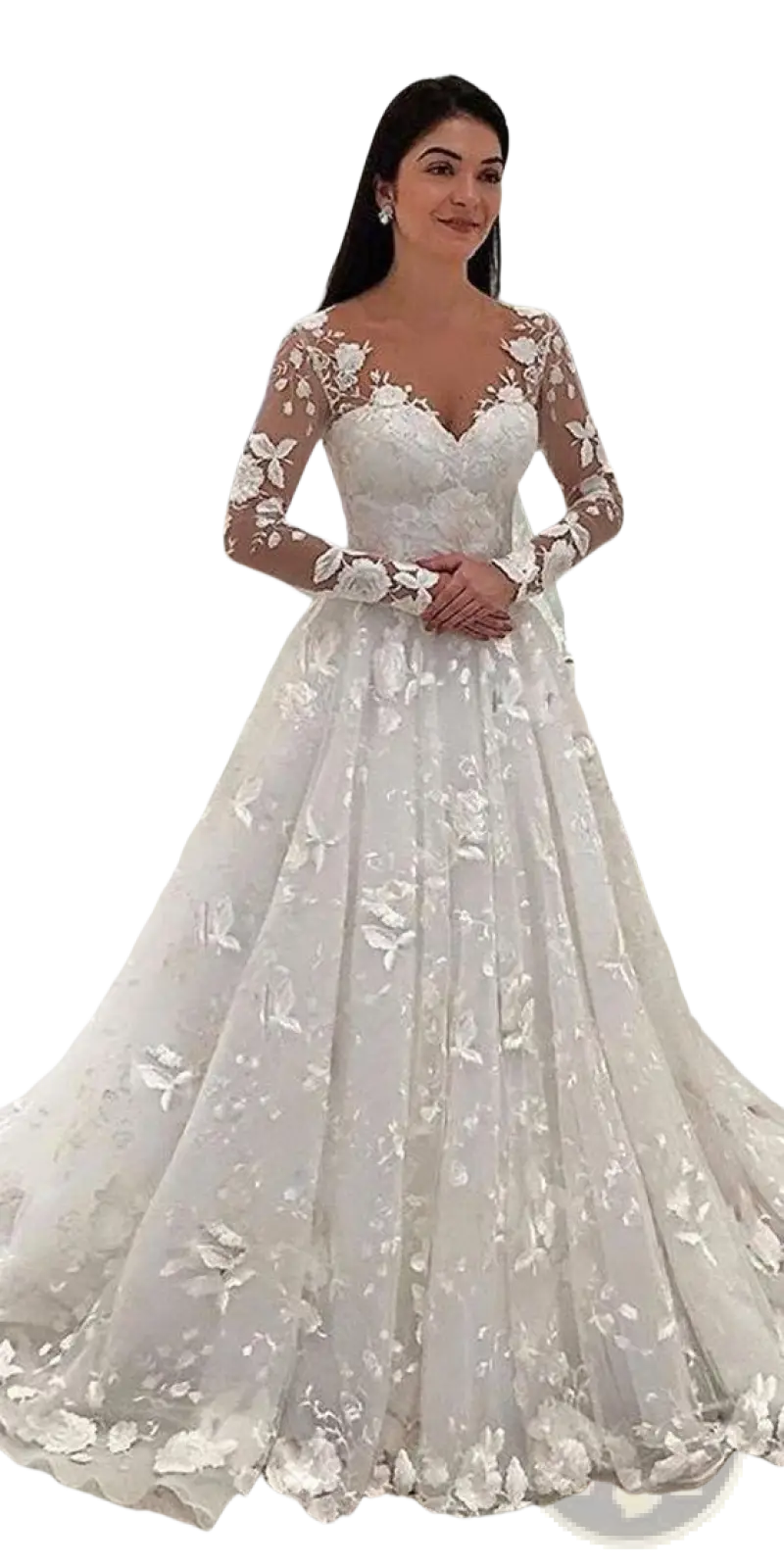 A white lace wedding gown with long sheer sleeves and floral appliqués perfect for elegant bridal wear