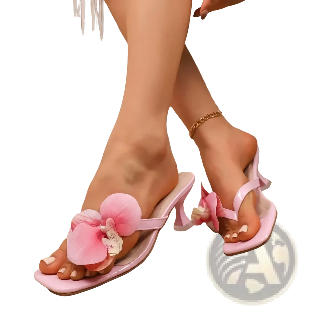 Floral block heel mule sandals with pink orchid adornment, satin strap, and square toe for elegant wear