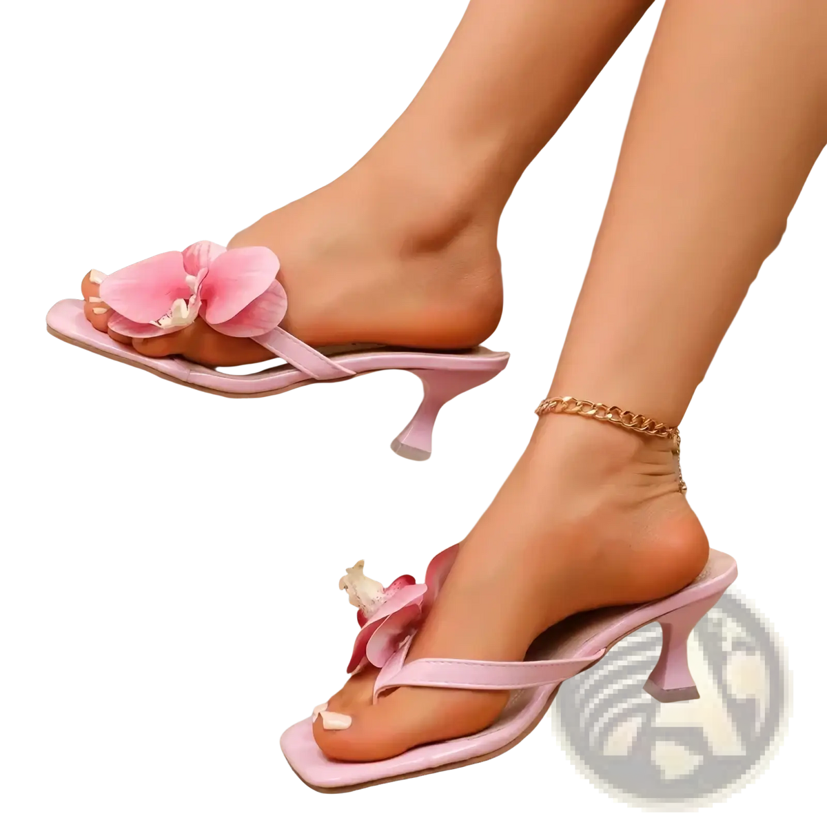 Floral block heel mule sandals in pink satin with orchid adornments and low block heels for elegant wear